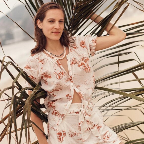 Madewell Smocked Button Down Top in Paradise Voile Size Small Short Sleeve - Picture 1 of 9